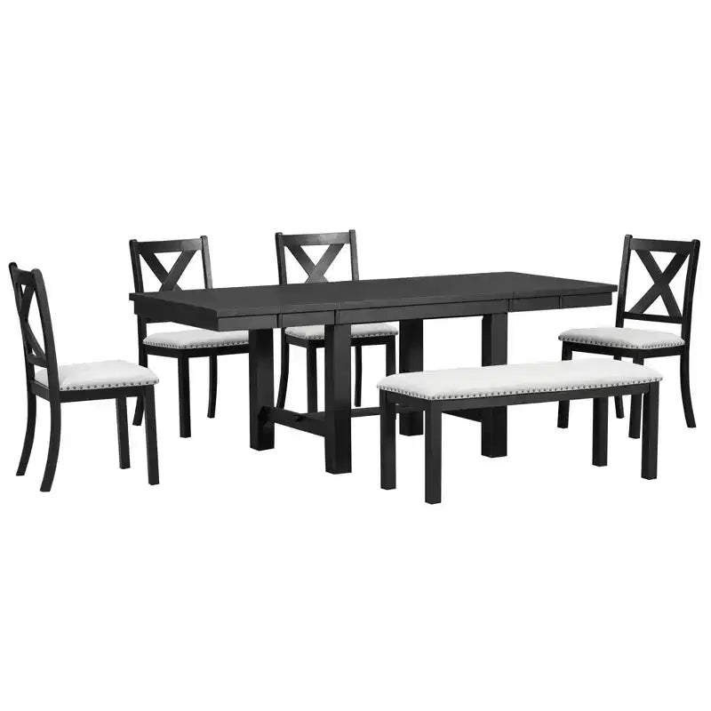 Ensemble de salle à manger extensible de ferme pour 6 personnes, table de cuisine rectangulaire en bois massif avec rallonge amovible, 4 chaises rembourrées et banc