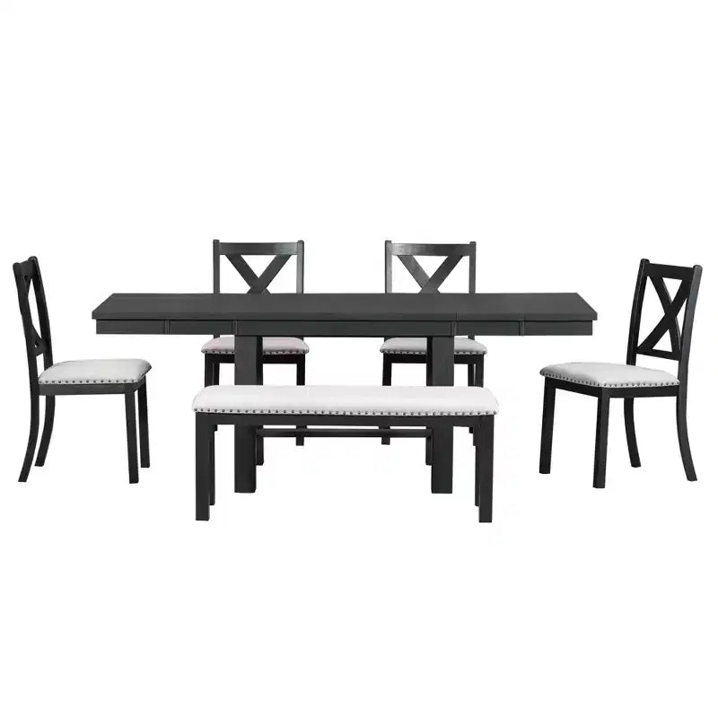 Ensemble de salle à manger extensible de ferme pour 6 personnes, table de cuisine rectangulaire en bois massif avec rallonge amovible, 4 chaises rembourrées et banc