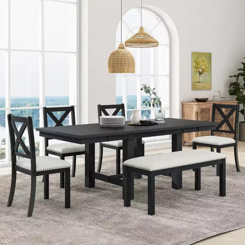 Farmhouse Extendable Dining Table Set for 6, Solid Wood Rectangular Kitchen Table Set with Removable Leaf, 4 Upholstered Chairs and Bench