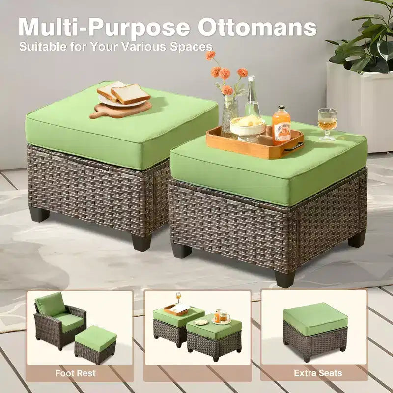 HOMLUX Ensemble de conversation de terrasse en osier 6 pièces avec canapé 3 places avec coussins, causeuse, chaises en rotin, poufs pour jardin et arrière-cour