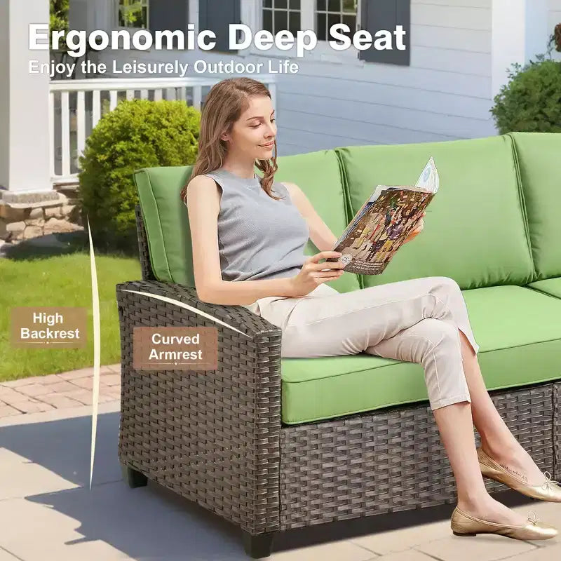 HOMLUX Ensemble de conversation de terrasse en osier 6 pièces avec canapé 3 places avec coussins, causeuse, chaises en rotin, poufs pour jardin et arrière-cour