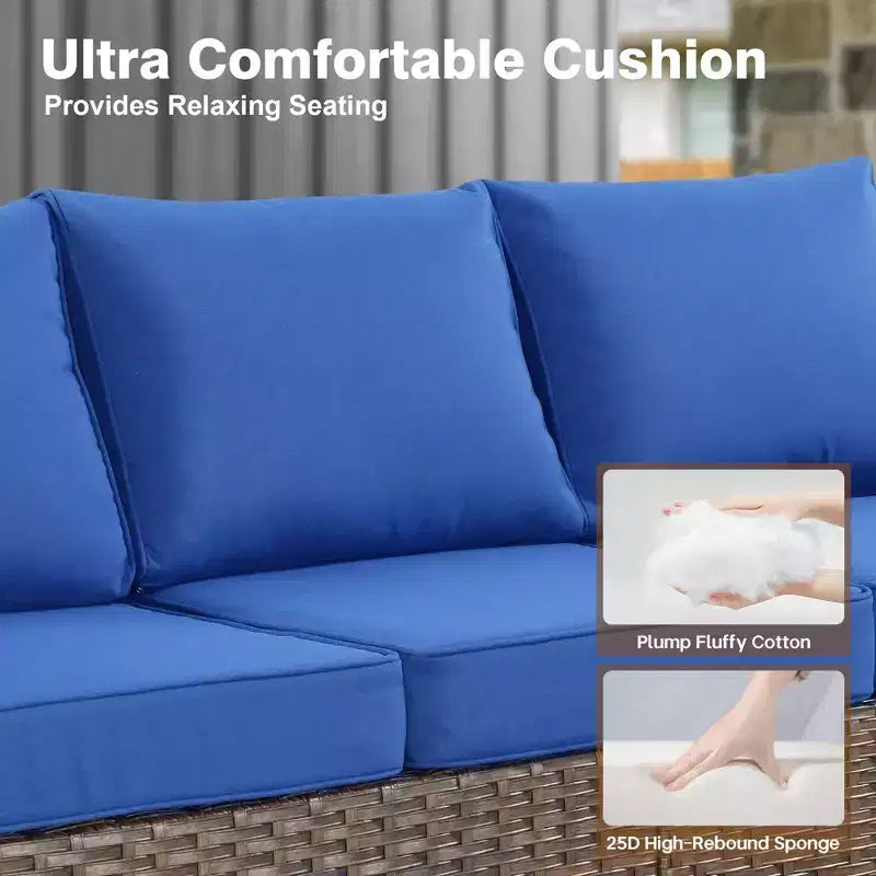HOMLUX Ensemble de conversation de terrasse en osier 6 pièces avec canapé 3 places avec coussins, causeuse, chaises en rotin, poufs pour jardin et arrière-cour