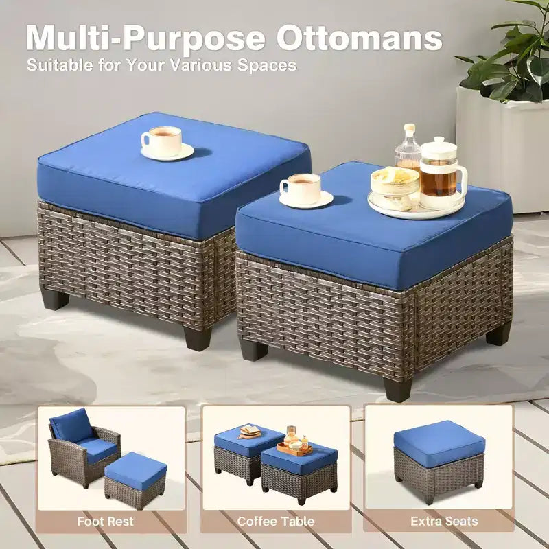HOMLUX Ensemble de conversation de terrasse en osier 6 pièces avec canapé 3 places avec coussins, causeuse, chaises en rotin, poufs pour jardin et arrière-cour