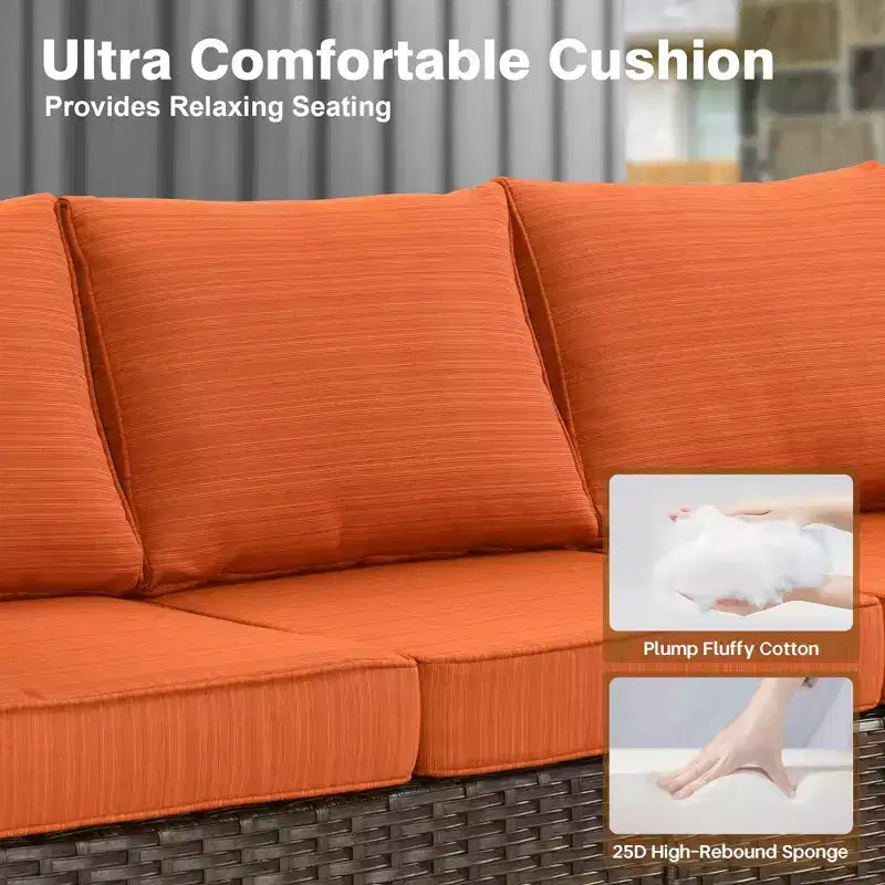 HOMLUX Ensemble de conversation de terrasse en osier 6 pièces avec canapé 3 places avec coussins, causeuse, chaises en rotin, poufs pour jardin et arrière-cour
