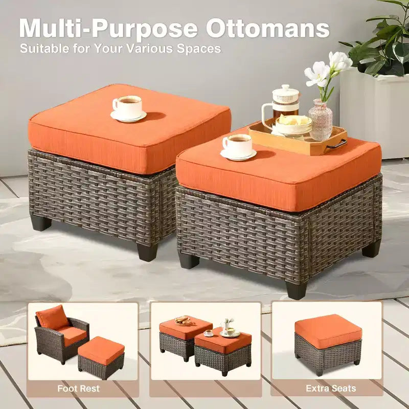 HOMLUX Ensemble de conversation de terrasse en osier 6 pièces avec canapé 3 places avec coussins, causeuse, chaises en rotin, poufs pour jardin et arrière-cour