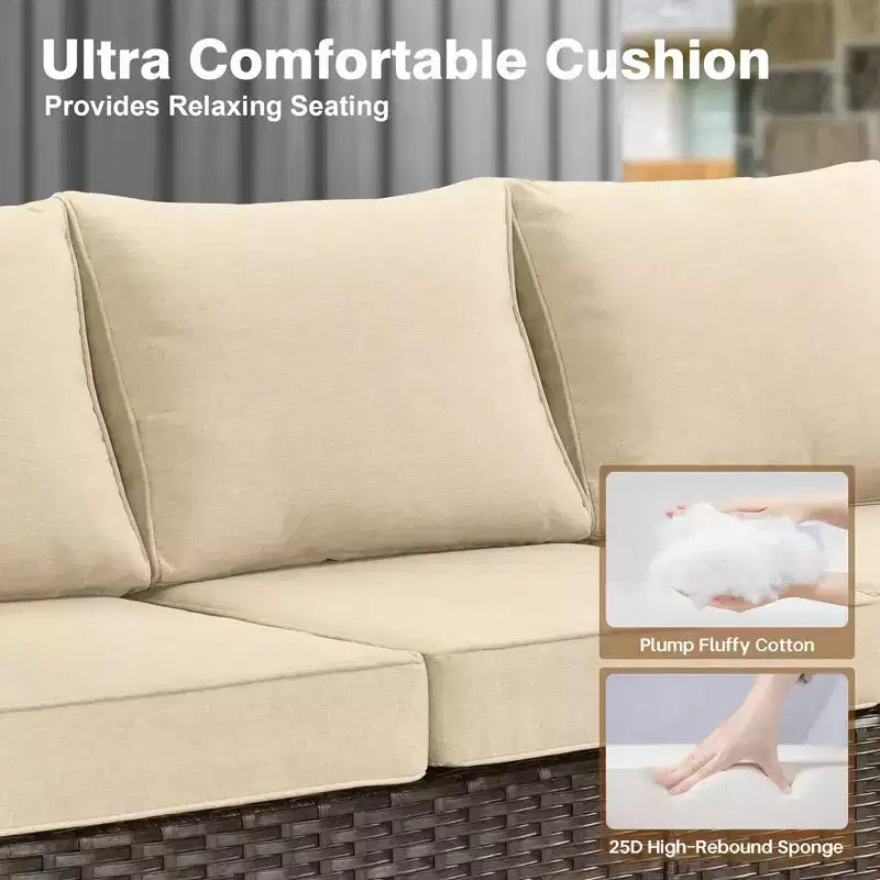HOMLUX Ensemble de conversation de terrasse en osier 6 pièces avec canapé 3 places avec coussins, causeuse, chaises en rotin, poufs pour jardin et arrière-cour