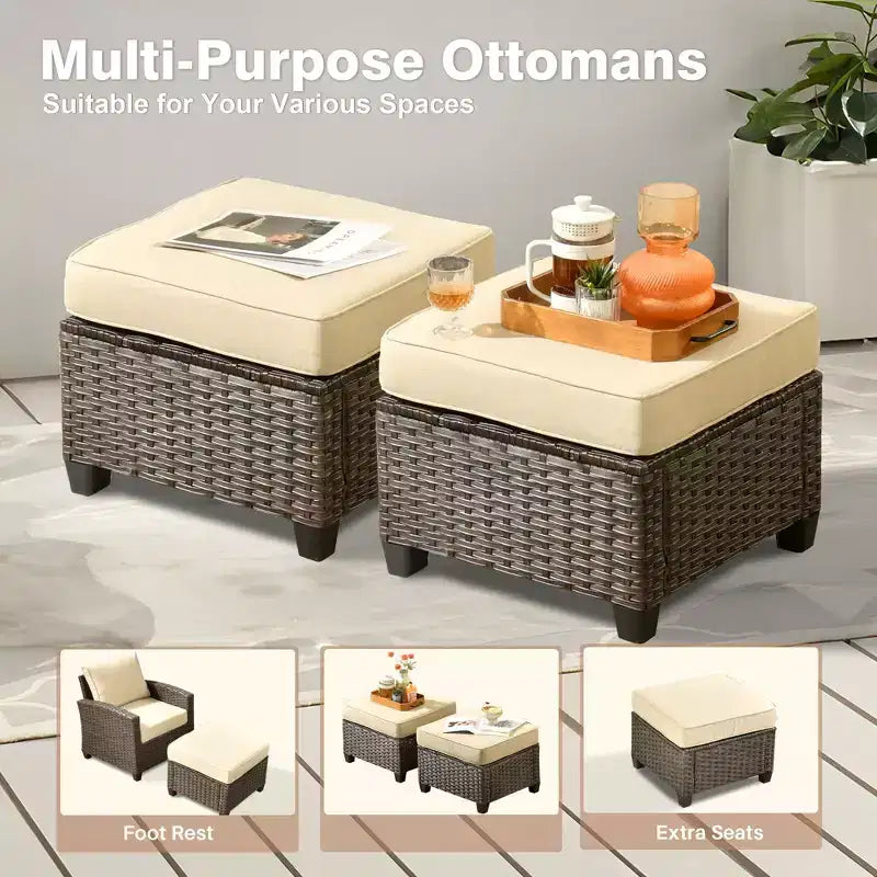 HOMLUX Ensemble de conversation de terrasse en osier 6 pièces avec canapé 3 places avec coussins, causeuse, chaises en rotin, poufs pour jardin et arrière-cour