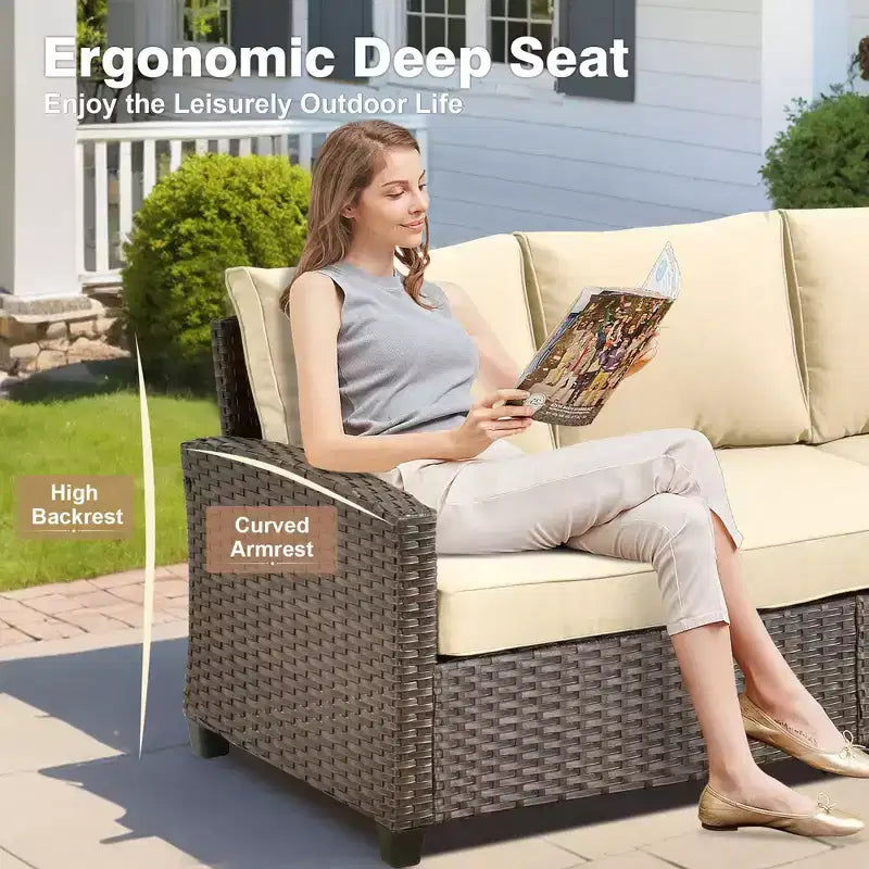 HOMLUX Ensemble de conversation de terrasse en osier 6 pièces avec canapé 3 places avec coussins, causeuse, chaises en rotin, poufs pour jardin et arrière-cour