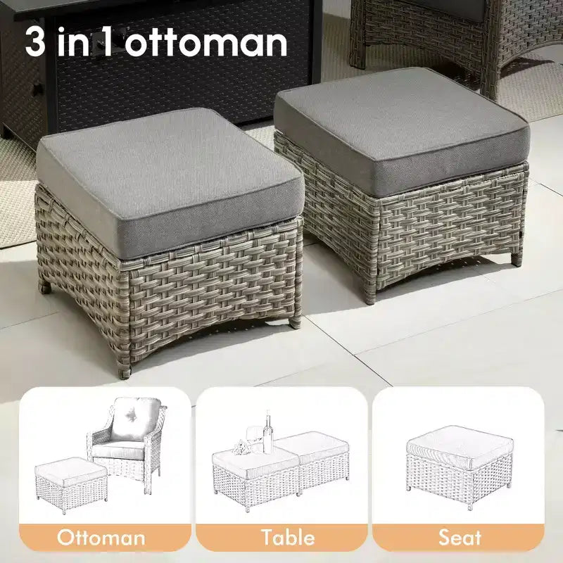 HOMLUX Ensemble de conversation d'extérieur 5 pièces, canapé de patio 3 places avec coussin, fauteuils en rotin à dossier haut, poufs