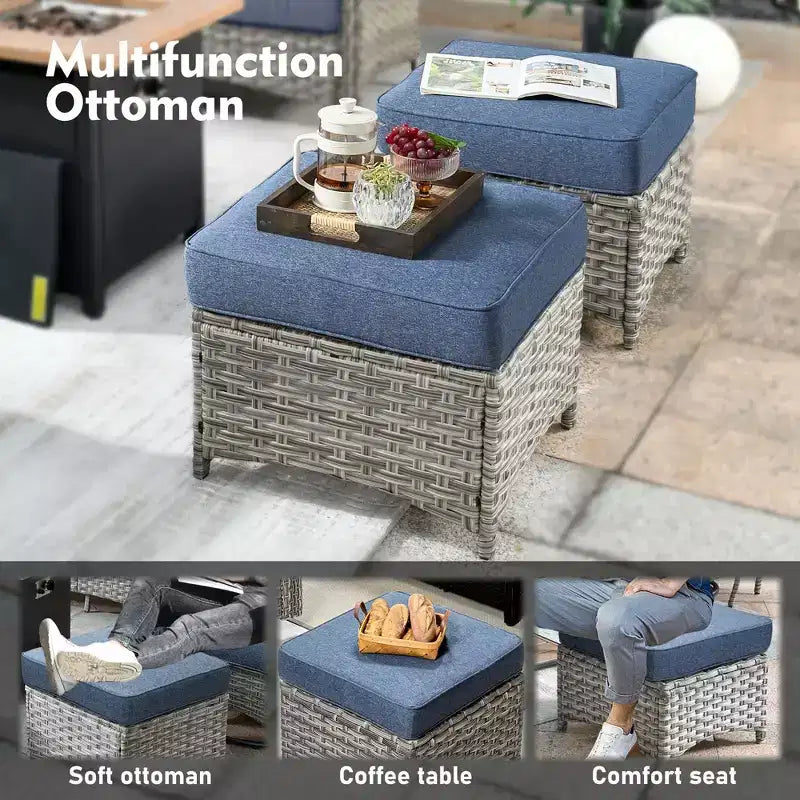 HOMLUX Ensemble de conversation d'extérieur 5 pièces, canapé de patio 3 places avec coussin, fauteuils en rotin à dossier haut, poufs