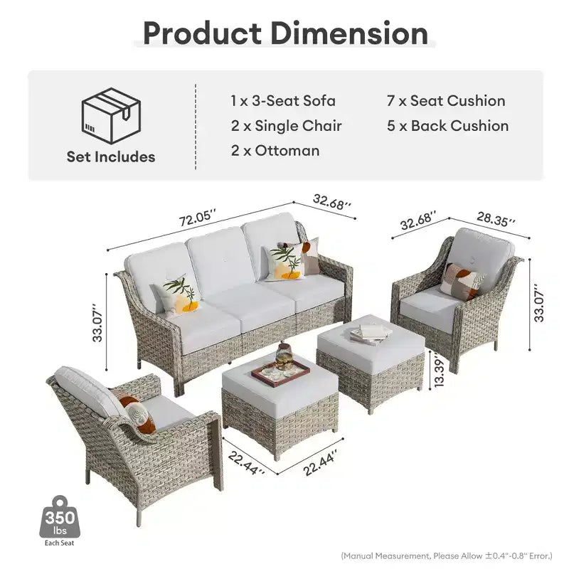 HOMLUX Ensemble de conversation d'extérieur 5 pièces, canapé de patio 3 places avec coussin, fauteuils en rotin à dossier haut, poufs