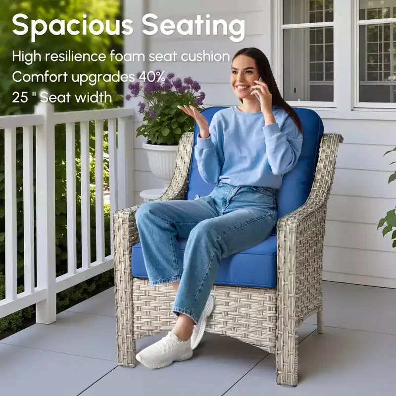 HOMLUX Ensemble de conversation d'extérieur 5 pièces, canapé de patio 3 places avec coussin, fauteuils en rotin à dossier haut, poufs