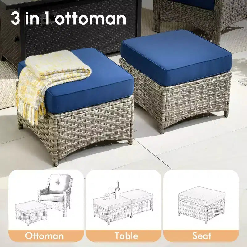 HOMLUX Ensemble de conversation d'extérieur 5 pièces, canapé de patio 3 places avec coussin, fauteuils en rotin à dossier haut, poufs