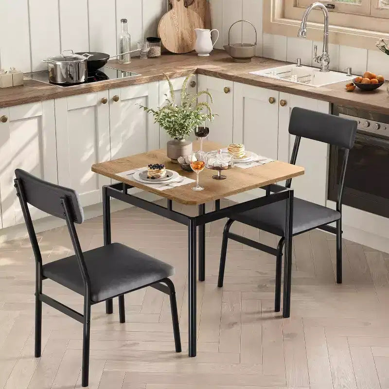 3-Piece Kitchen Table Set, for Two with PU Upholstered Chairs, Black & Brown