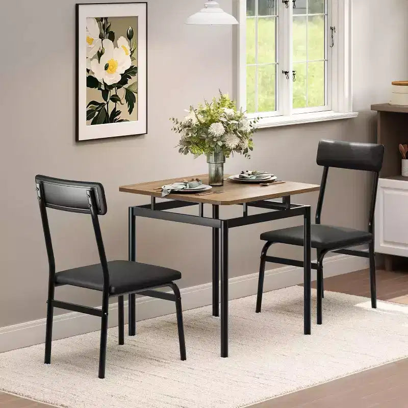 Ensemble table de cuisine 3 pièces, pour deux personnes avec chaises rembourrées en PU, Noir et Marron