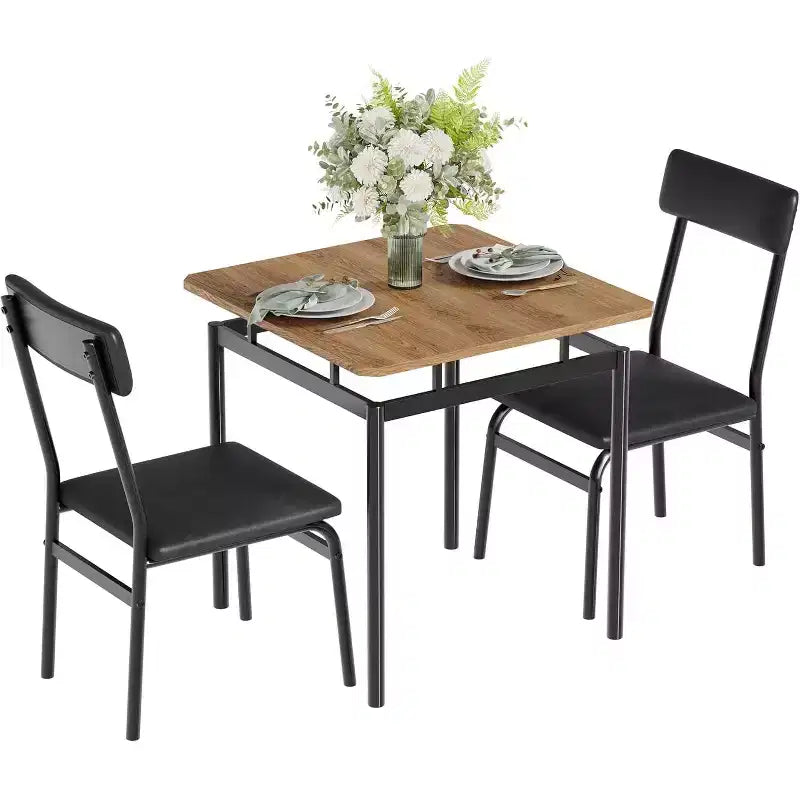 Ensemble table de cuisine 3 pièces, pour deux personnes avec chaises rembourrées en PU, Noir et Marron