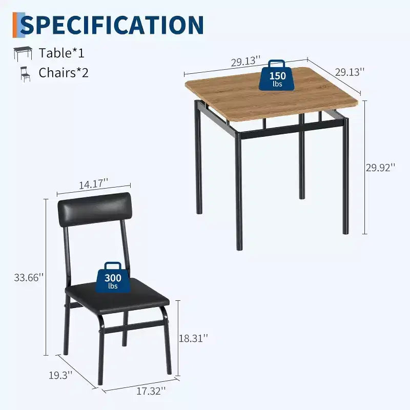 Ensemble table de cuisine 3 pièces, pour deux personnes avec chaises rembourrées en PU, Noir et Marron