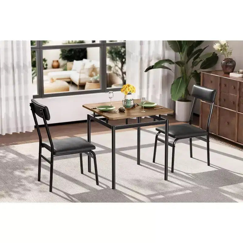 Ensemble table de cuisine 3 pièces, pour deux personnes avec chaises rembourrées en PU, Noir et Marron