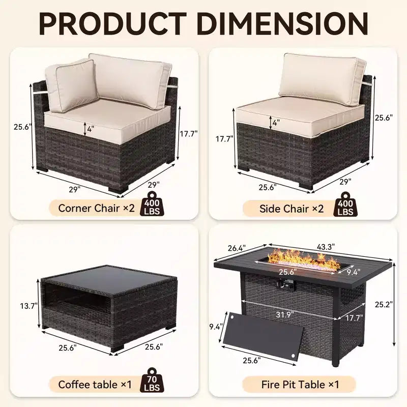 Ensemble de patio UPTIOT 5 pièces : 2 canapés d'angle, 2 chaises d'appoint et une table basse brasero grise pour un confort et un divertissement extérieurs ultimes