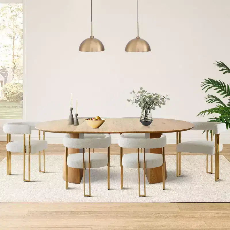 Ensemble de salle à manger ovale extensible 3-en-1 avec 6 chaises rembourrées en chenille et pieds en métal doré, Meuble de salle à manger polyvalent - Panipeachy