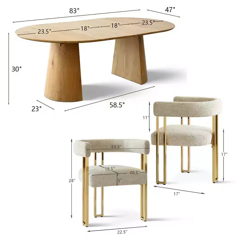 Ensemble de salle à manger ovale extensible 3-en-1 avec 6 chaises rembourrées en chenille et pieds en métal doré, Meuble de salle à manger polyvalent - Panipeachy