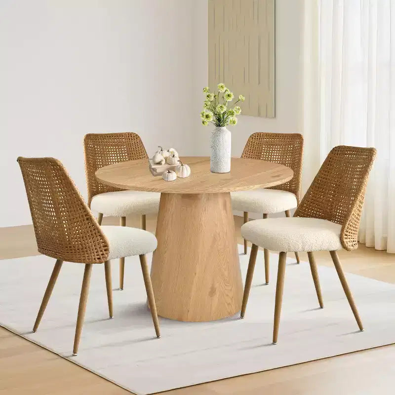 Ensemble de salle à manger rond 5 pièces, table à piédestal de 89 cm et chaises de salle à manger rembourrées avec dossiers en rotin, idéal pour la salle à manger - Panipeachy