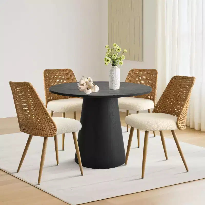 Ensemble de salle à manger rond 5 pièces, table à piédestal de 89 cm et chaises de salle à manger rembourrées avec dossiers en rotin, idéal pour la salle à manger - Panipeachy