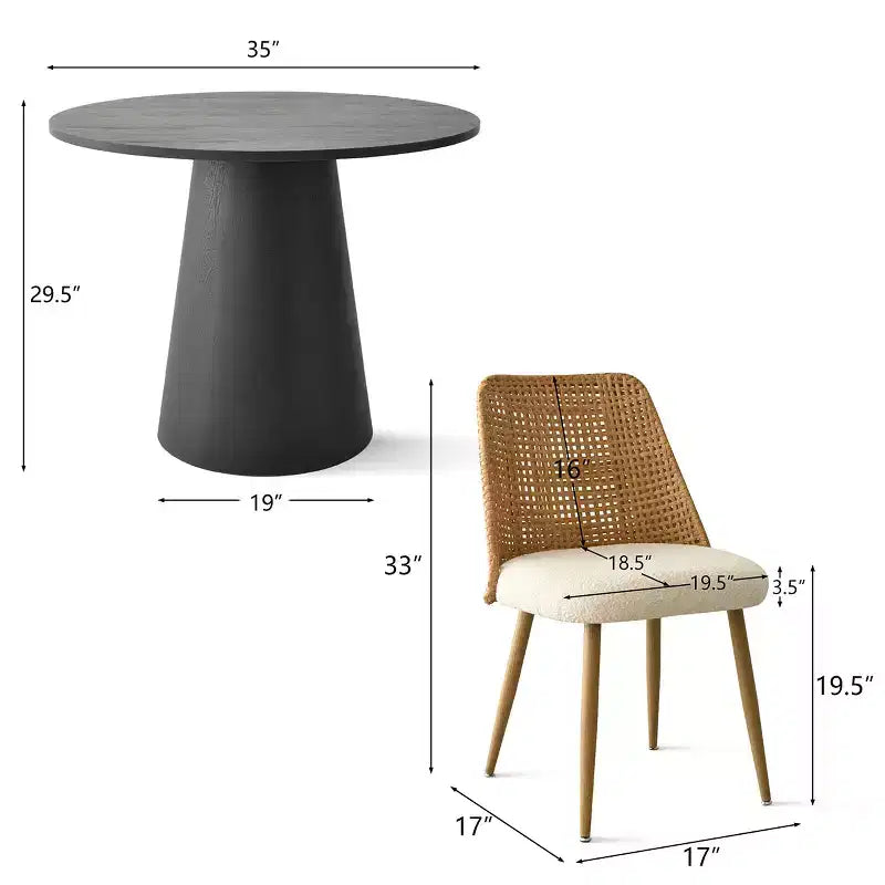 Ensemble de salle à manger rond 5 pièces, table à piédestal de 89 cm et chaises de salle à manger rembourrées avec dossiers en rotin, idéal pour la salle à manger - Panipeachy