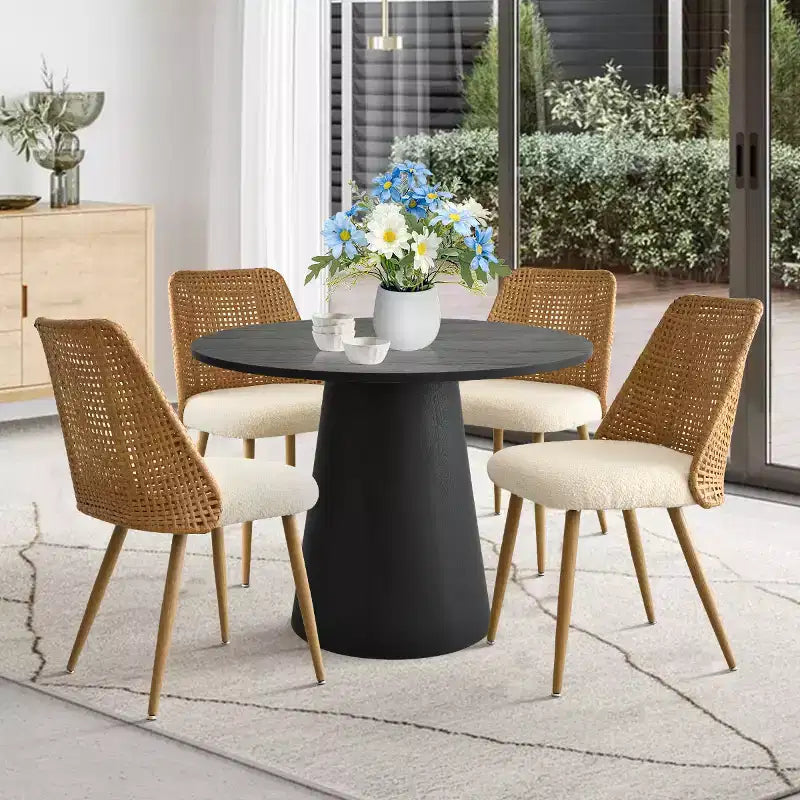 5-Piece Round Dining Set, 35 Pedestal Table and Upholstered Dining Chairs with Rattan Backs, Ideal for Dining Room-Panipeachy