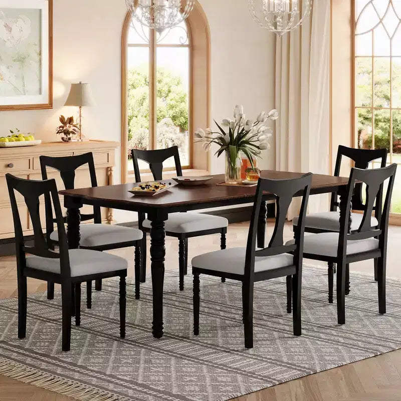 7-Piece Extendable Dining Table Set with 6 Upholstered Chairs, Removable Leaf, 60 to 78-Inch Table