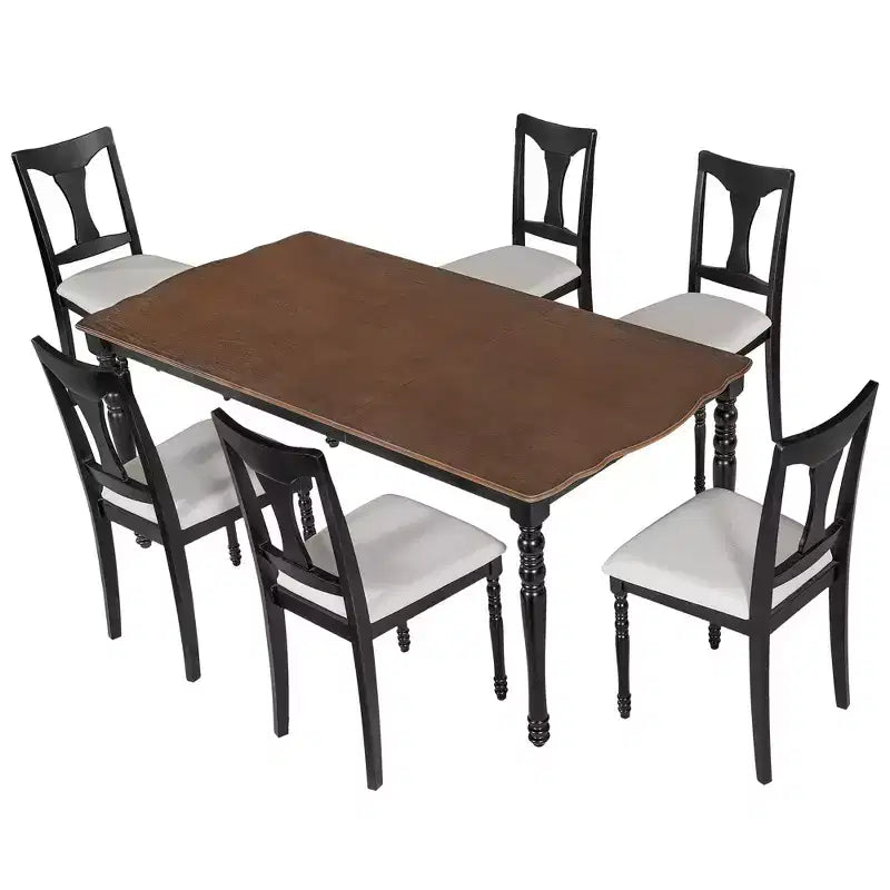 Ensemble table de salle à manger extensible 7 pièces avec 6 chaises rembourrées, rallonge amovible, table de 152 à 198 cm