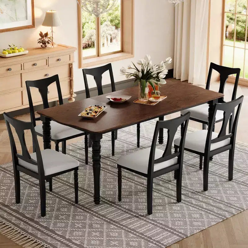 Ensemble table de salle à manger extensible 7 pièces avec 6 chaises rembourrées, rallonge amovible, table de 152 à 198 cm
