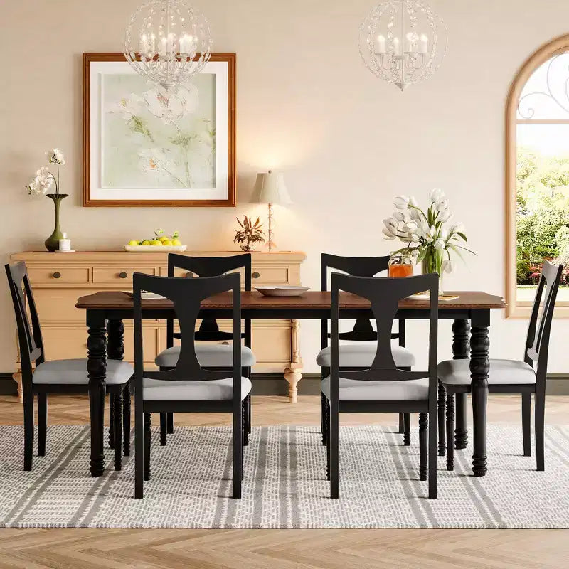 Ensemble table de salle à manger extensible 7 pièces avec 6 chaises rembourrées, rallonge amovible, table de 152 à 198 cm