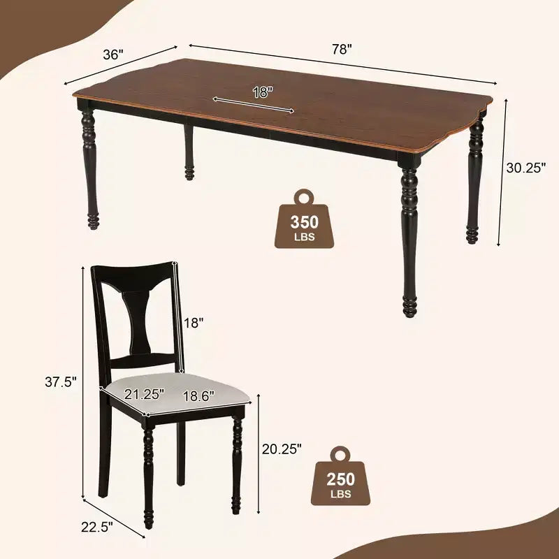 Ensemble table de salle à manger extensible 7 pièces avec 6 chaises rembourrées, rallonge amovible, table de 152 à 198 cm