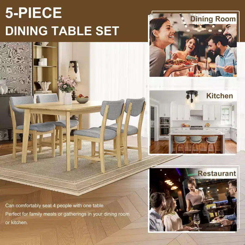 Ensemble de salle à manger rustique 5 pièces avec table en bois et 4 chaises rembourrées Espresso