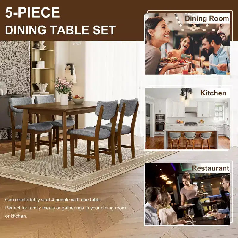 Ensemble de salle à manger rustique 5 pièces avec table en bois et 4 chaises rembourrées Espresso