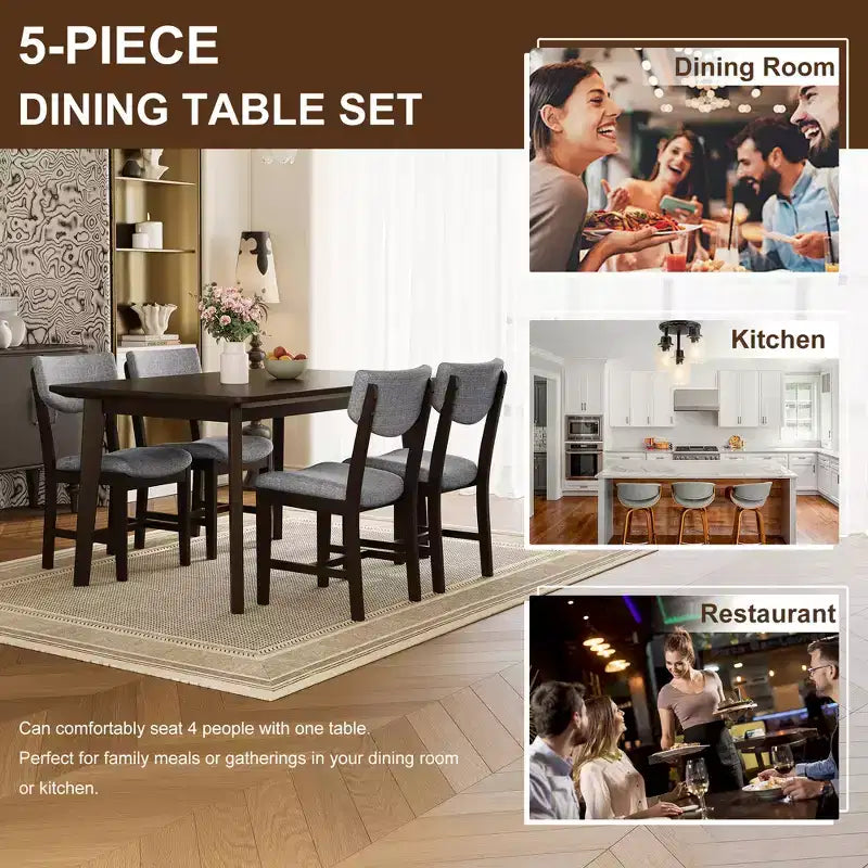 Ensemble de salle à manger rustique 5 pièces avec table en bois et 4 chaises rembourrées Espresso