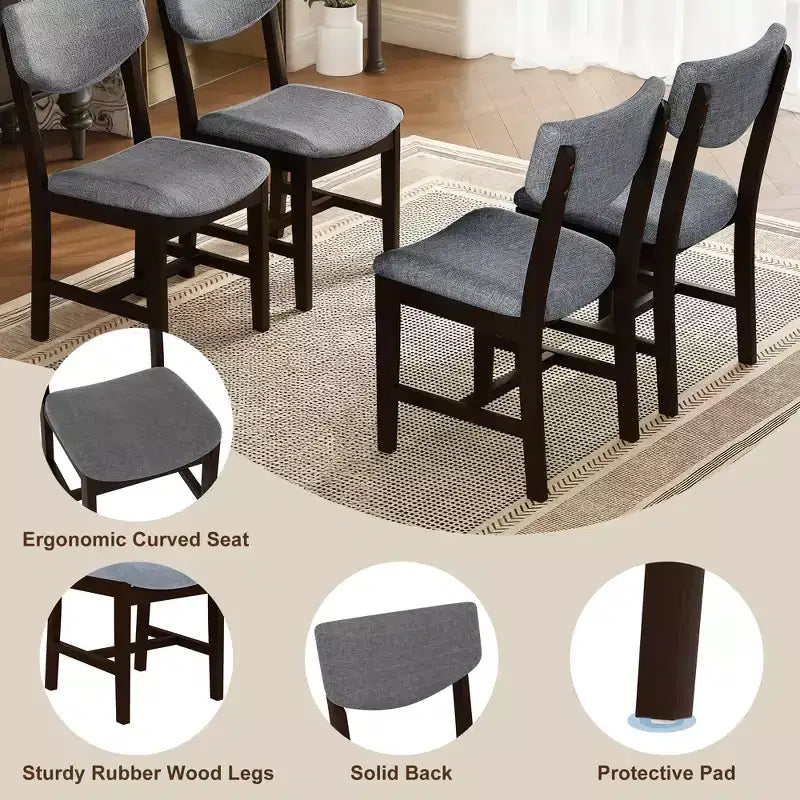 Ensemble de salle à manger rustique 5 pièces avec table en bois et 4 chaises rembourrées Espresso