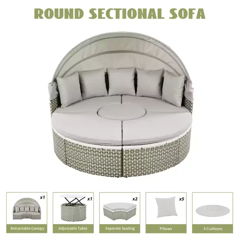 GDFStudio Vera Ensemble de canapé sectionnel rond convertible et lit de repos en rotin avec auvent rétractable