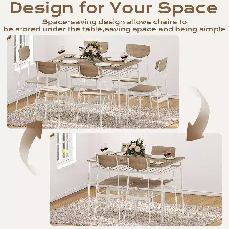 Ensemble de salle à manger 7 pièces Karl Home pour 6 personnes, table de cuisine de 109,9 cm et chaises en bois avec rangement et dossier