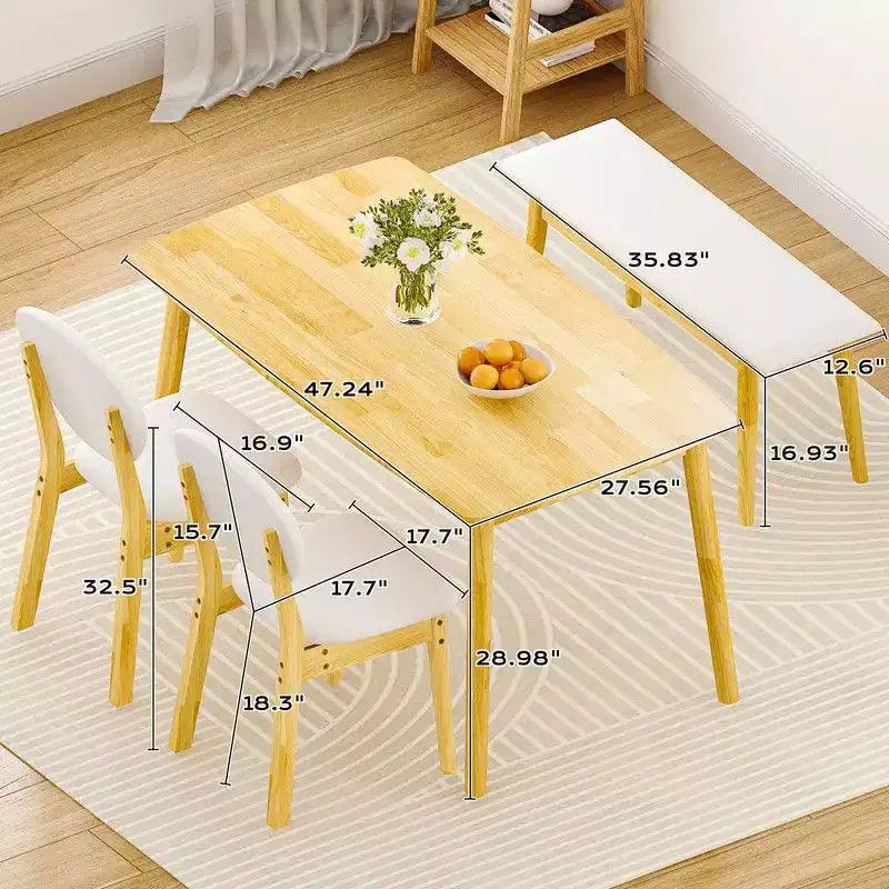 Karl Home Ensemble Table de Salle à Manger 4 Places 119 cm, Table de Cuisine en Bois Massif avec Banc et 2 Chaises à Dossier Rembourré