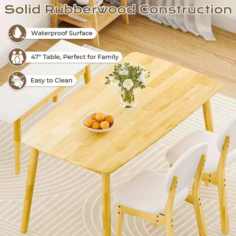 Karl Home Ensemble Table de Salle à Manger 4 Places 119 cm, Table de Cuisine en Bois Massif avec Banc et 2 Chaises à Dossier Rembourré