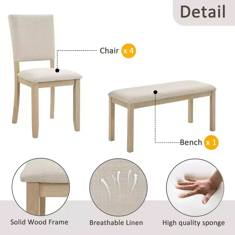 Ensemble de salle à manger moderne 6 pièces GDFStudio Kiley avec table en bois, banc et quatre chaises rembourrées