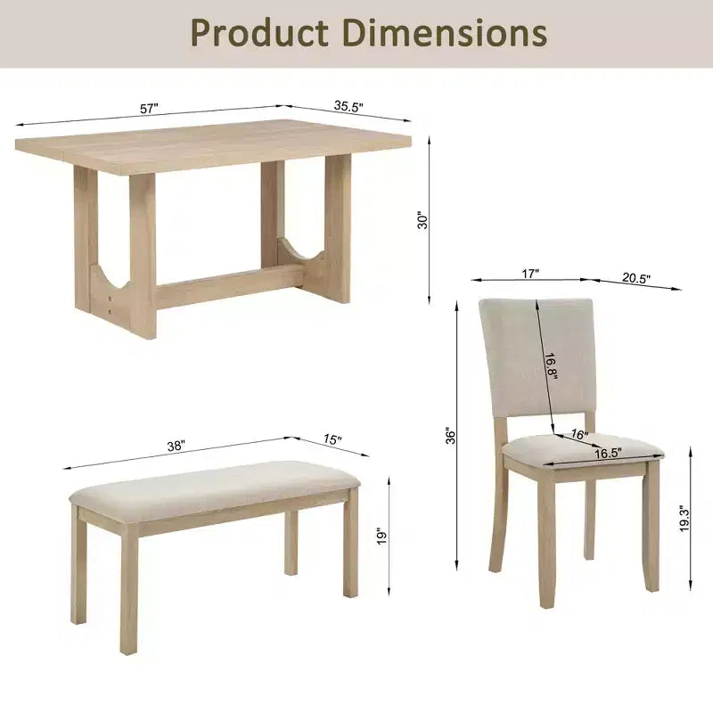 Ensemble de salle à manger moderne 6 pièces GDFStudio Kiley avec table en bois, banc et quatre chaises rembourrées