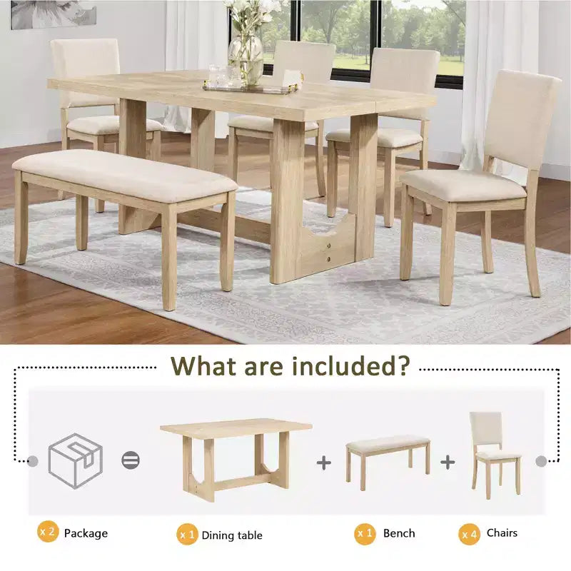 Ensemble de salle à manger moderne 6 pièces GDFStudio Kiley avec table en bois, banc et quatre chaises rembourrées