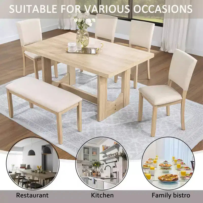 Ensemble de salle à manger moderne 6 pièces GDFStudio Kiley avec table en bois, banc et quatre chaises rembourrées