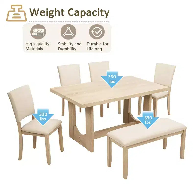 Ensemble de salle à manger moderne 6 pièces GDFStudio Kiley avec table en bois, banc et quatre chaises rembourrées