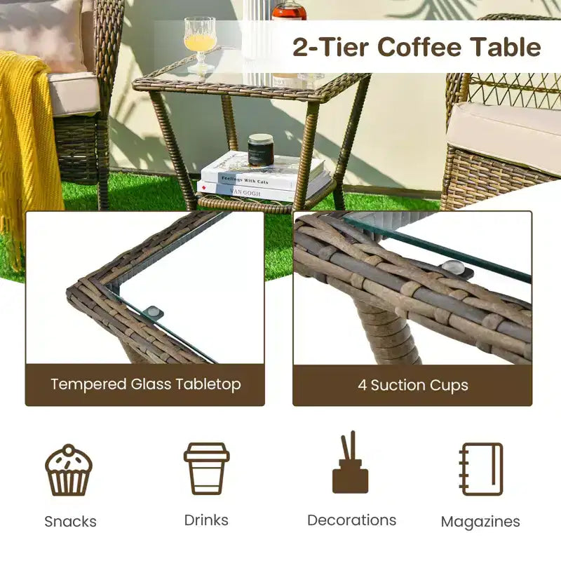 Lot de 2 fauteuils à bascule d'extérieur en osier, fauteuils à bascule de patio en rotin avec coussins, canapé de jardin pour la conversation sur porche et terrasse.