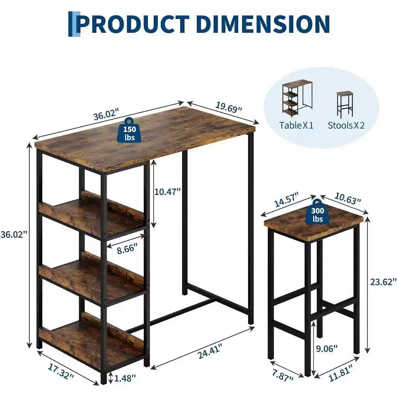 Ensemble de table de cuisine 3 pièces avec étagères de rangement, table à manger peu encombrante et 2 tabourets pour petits espaces cuisine salle à manger restaurant