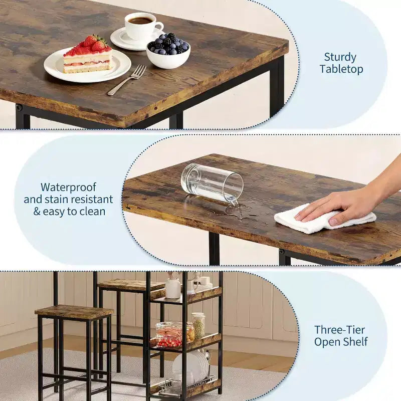 Ensemble de table de cuisine 3 pièces avec étagères de rangement, table à manger peu encombrante et 2 tabourets pour petits espaces cuisine salle à manger restaurant